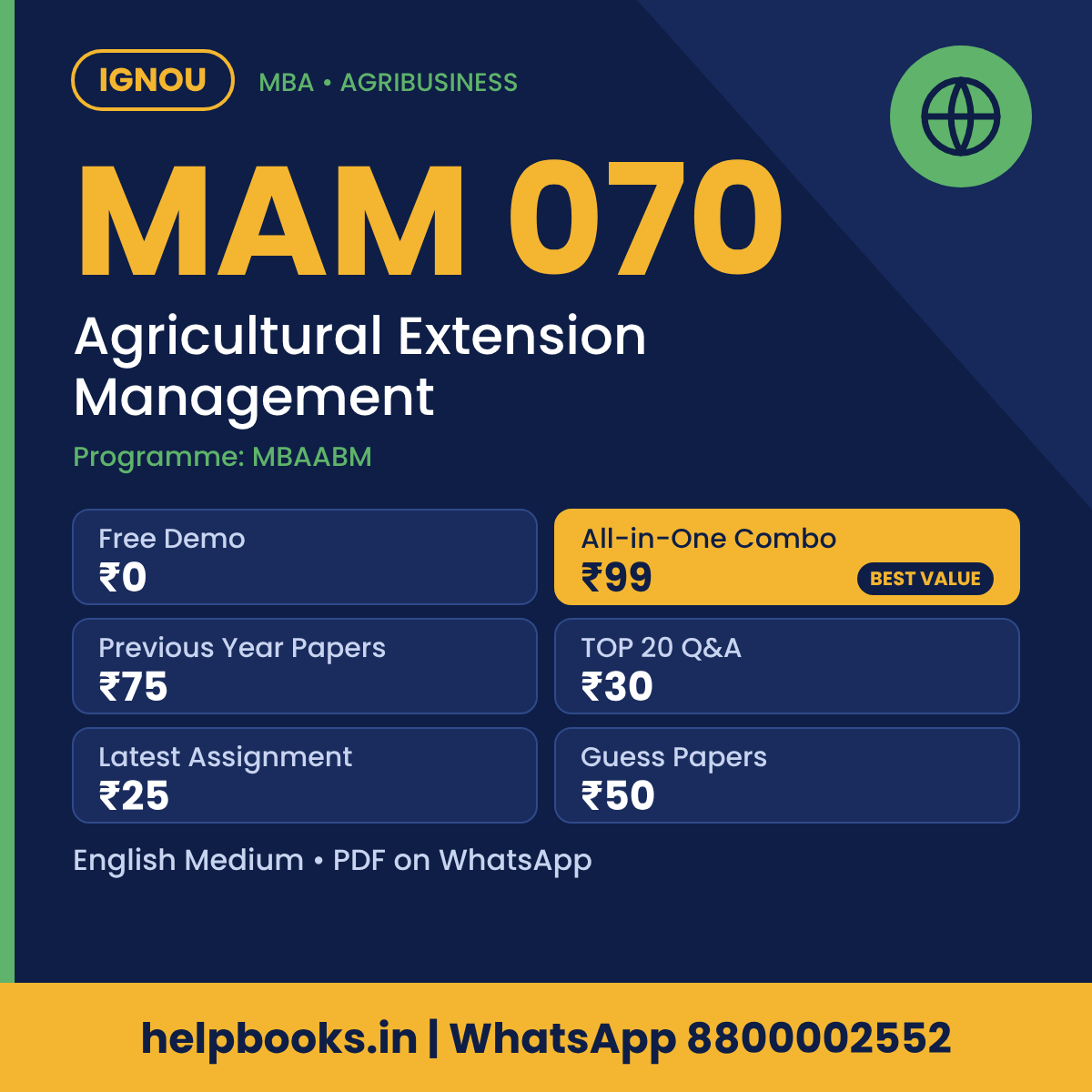 IGNOU MAM 070 Agricultural Extension Management MBA solved assignment, previous year papers and TOP 20 questions PDF