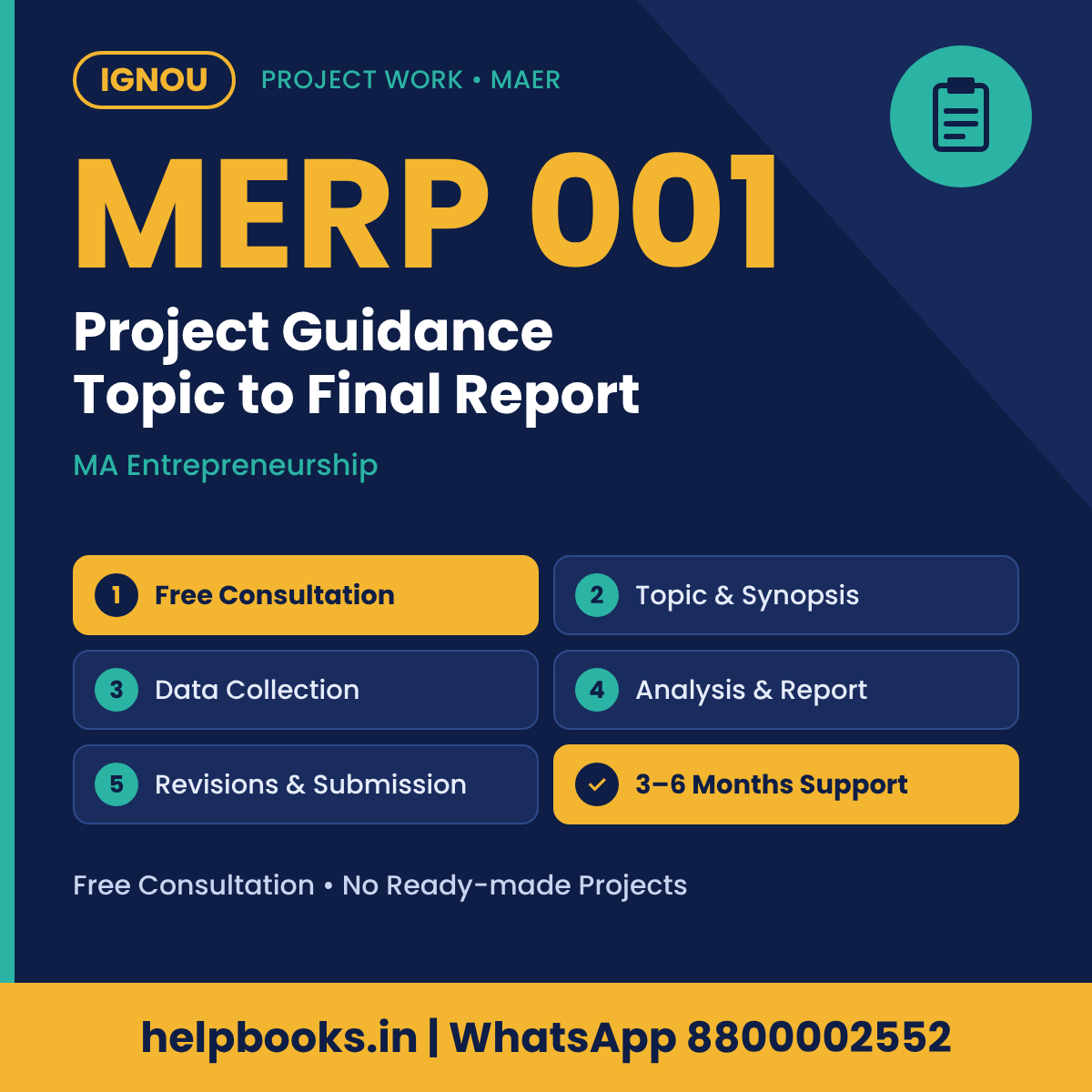 IGNOU MERP 001 Project help for MA Entrepreneurship – free consultation, synopsis and report guidance | helpbooks.in