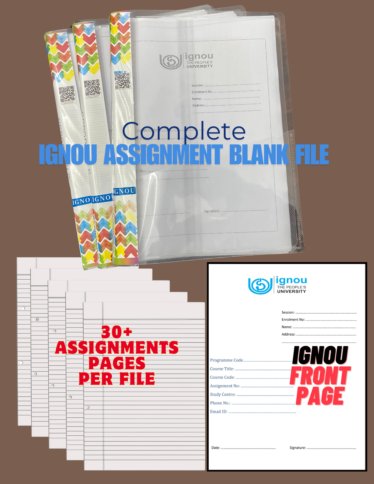 IGNOU Assignment File with Folder, Front Page, ID Card Page & 30 High Quality Blank Sheets & "Free Assignments Solutions"