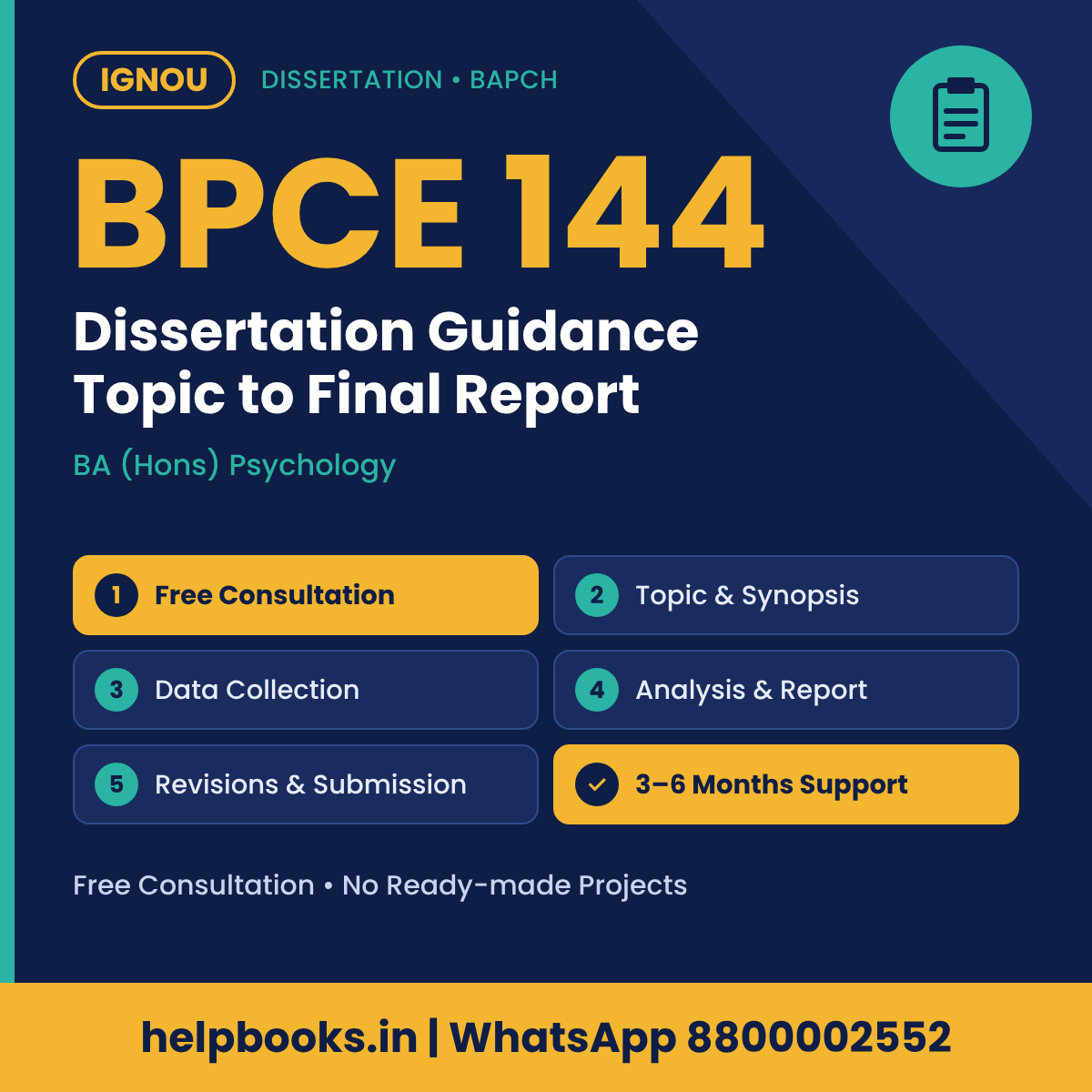 IGNOU BPCE 144 Dissertation help for BA (Hons) Psychology – free consultation, synopsis and report guidance | helpbooks.in