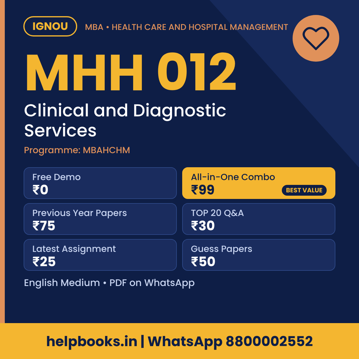 IGNOU MHH 012 Clinical and Diagnostic Services MBA solved assignment, previous year papers and TOP 20 questions PDF