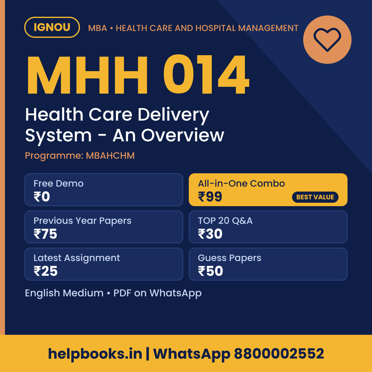 IGNOU MHH 014 Health Care Delivery System - An Overview MBA solved assignment, previous year papers and TOP 20 questions PDF