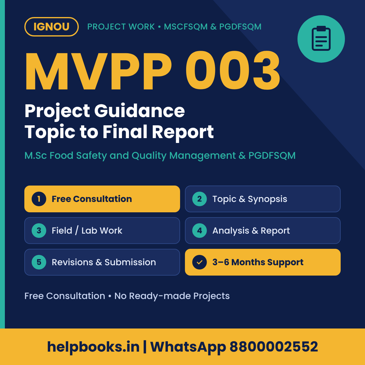 IGNOU MVPP 003 Project help for M.Sc Food Safety and Quality Management – free consultation, synopsis and report guidance | helpbooks.in